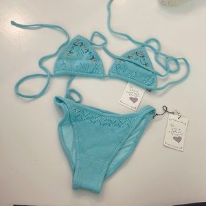Guizio X Frankies Bikinis Tide Knit Top in Aqua Embroidery